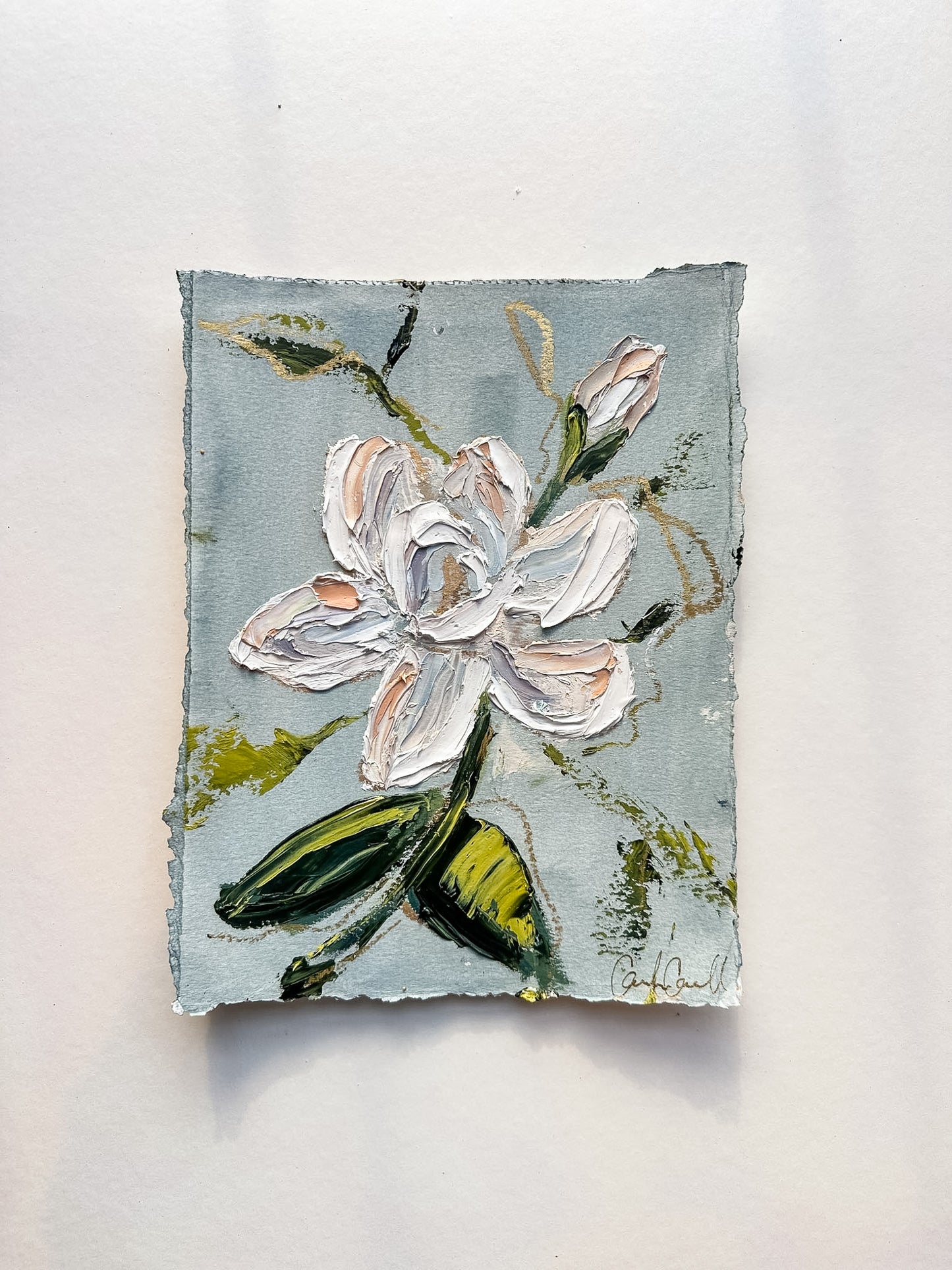Magnolia Bloom - Oil Painting on light blue