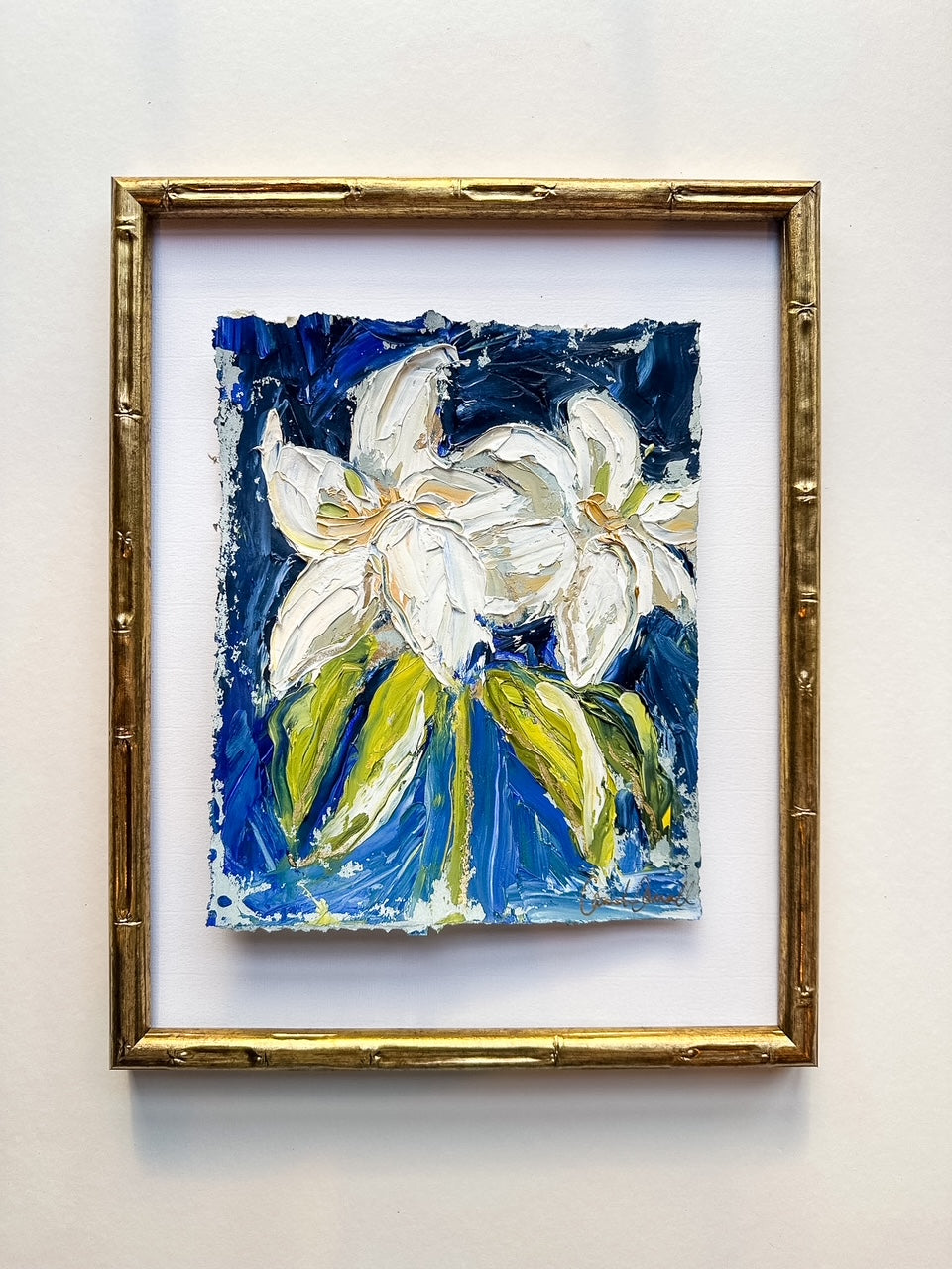 Lily Blooms - Oil Painting on vibrant blue