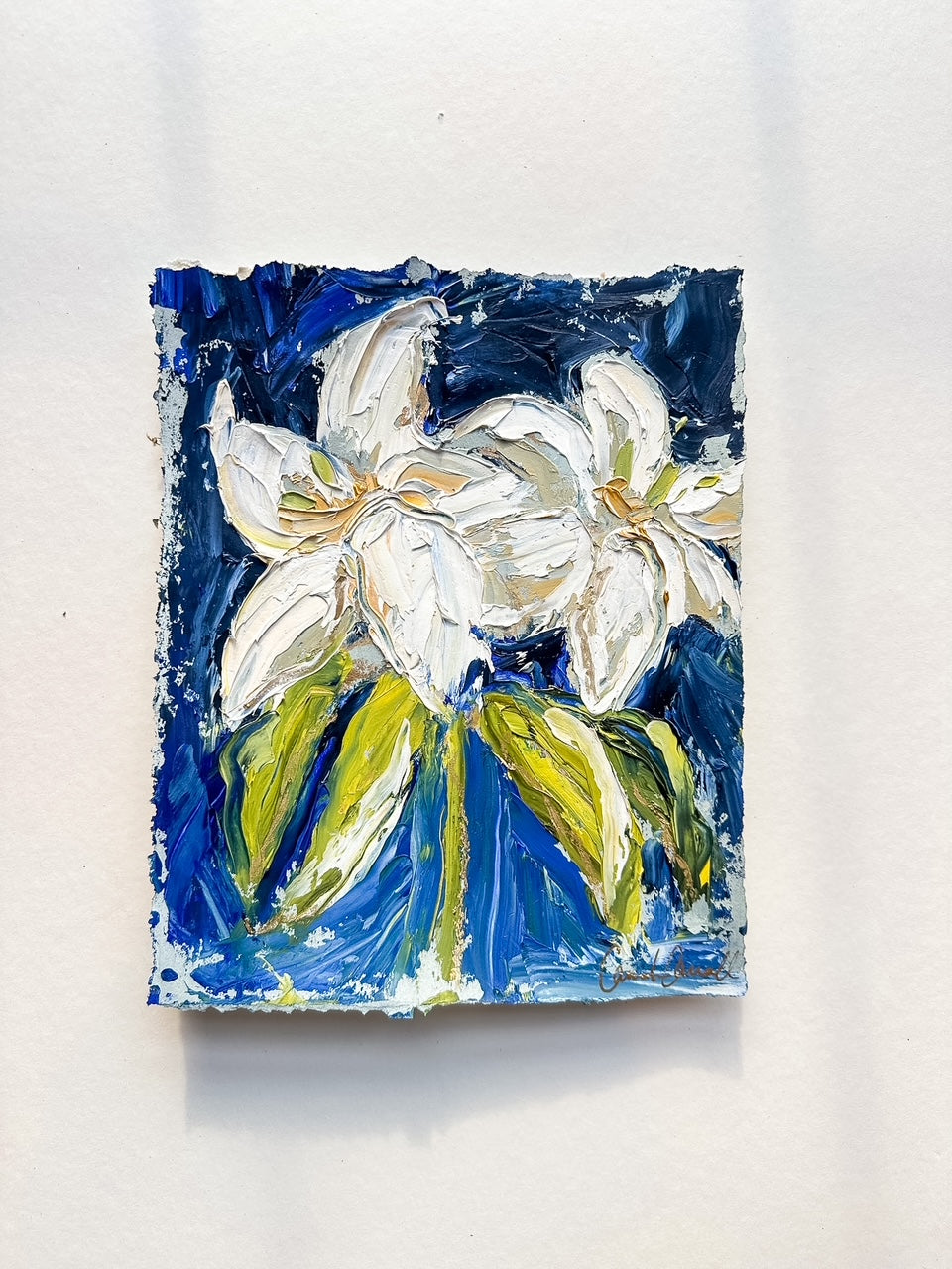 Lily Blooms - Oil Painting on vibrant blue