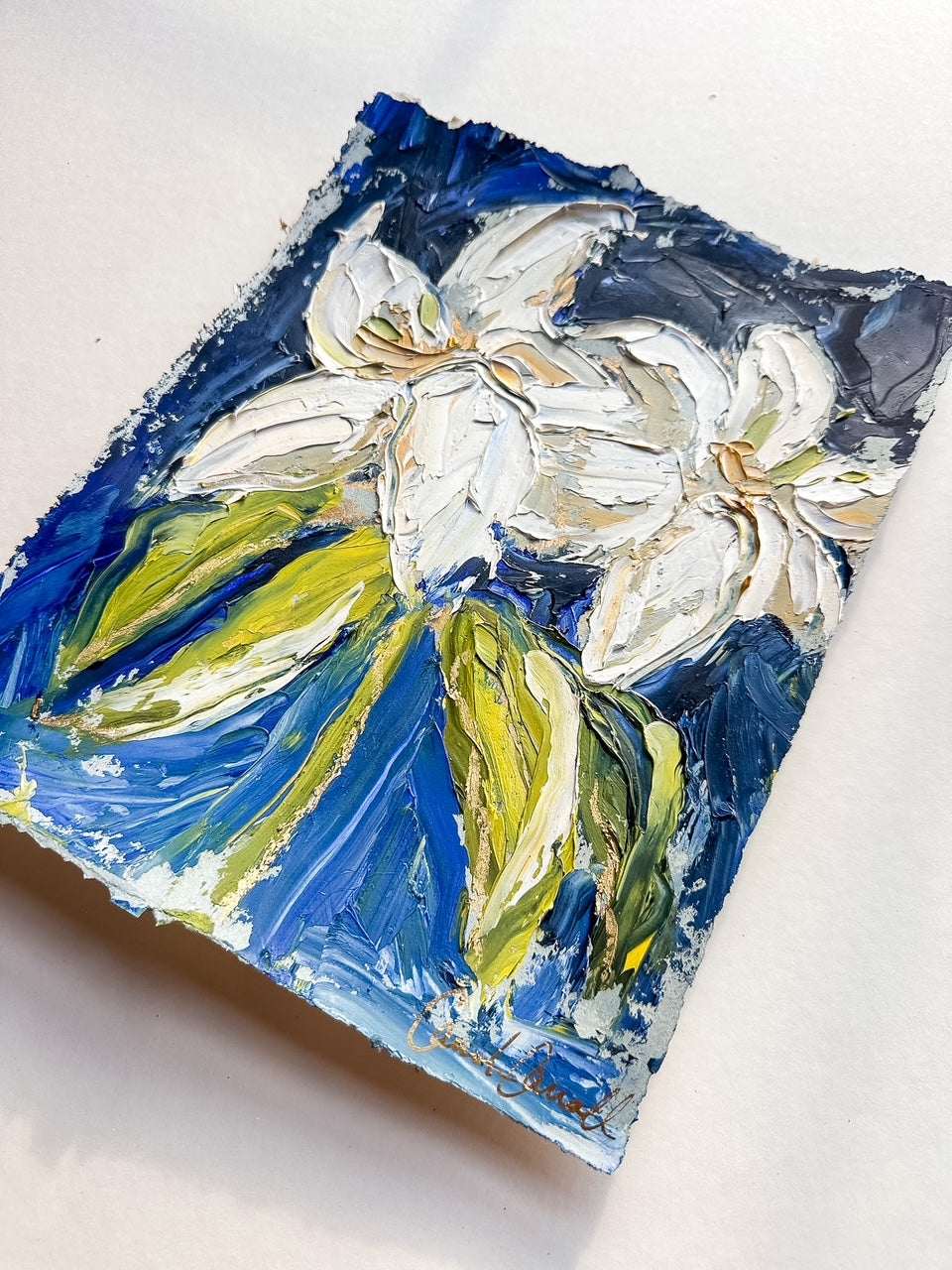 Lily Blooms - Oil Painting on vibrant blue