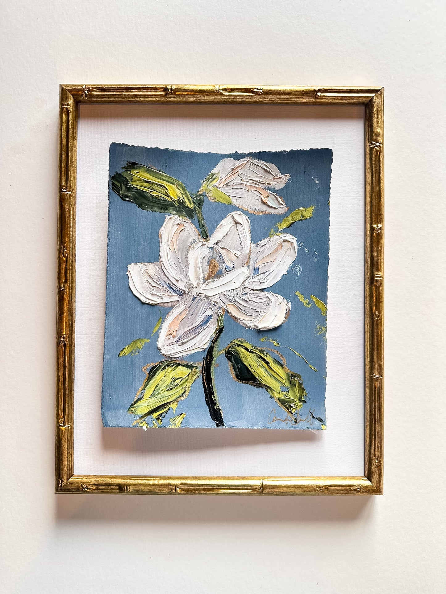 Magnolia Bloom - Oil Painting on steel blue