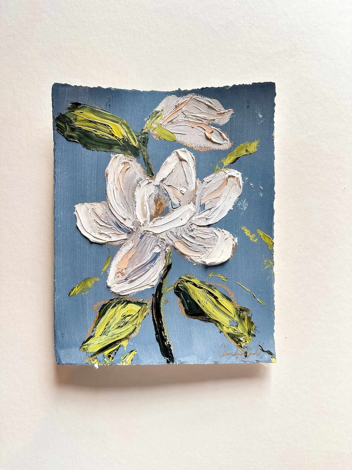 Magnolia Bloom - Oil Painting on steel blue