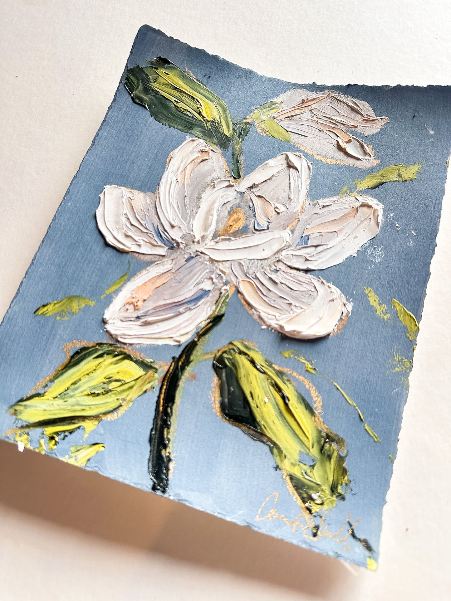 Magnolia Bloom - Oil Painting on steel blue