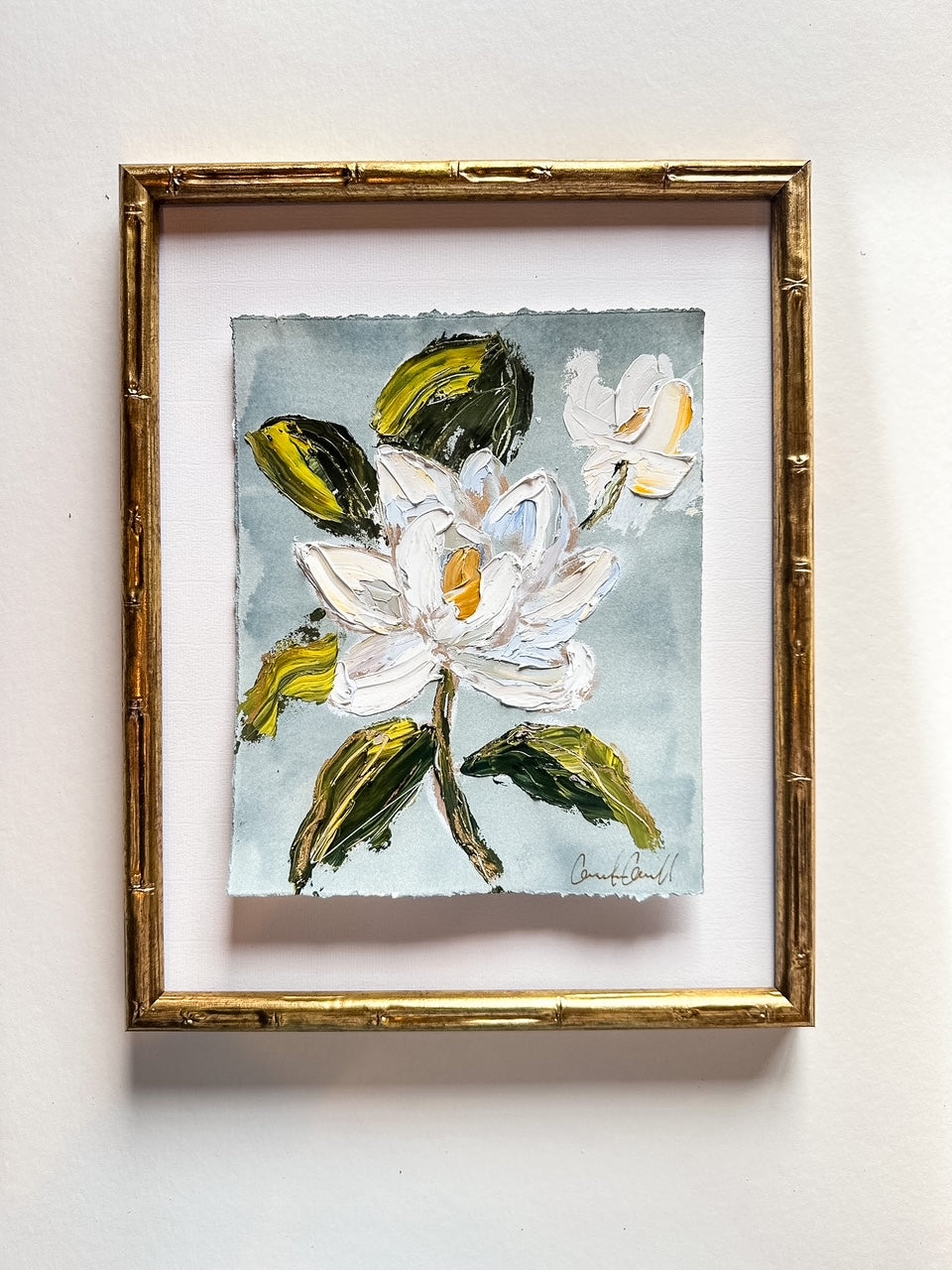 Magnolia Bloom - Oil Painting on light blue
