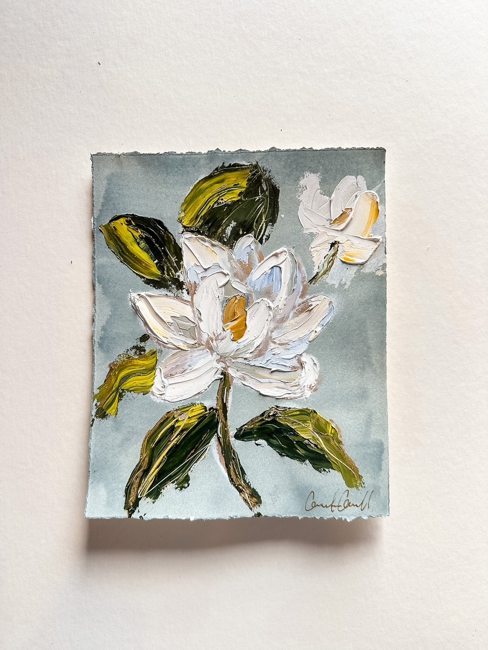 Magnolia Bloom - Oil Painting on light blue