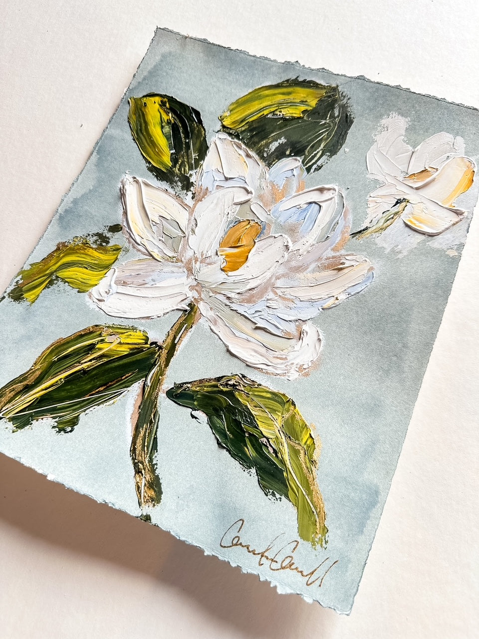 Magnolia Bloom - Oil Painting on light blue