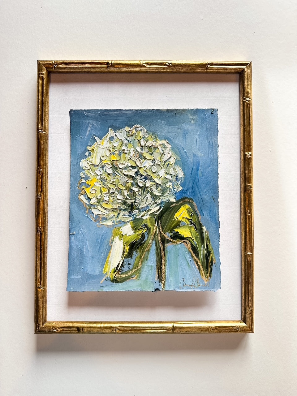 Limelight Hydrangea Bloom - Oil Painting on blue