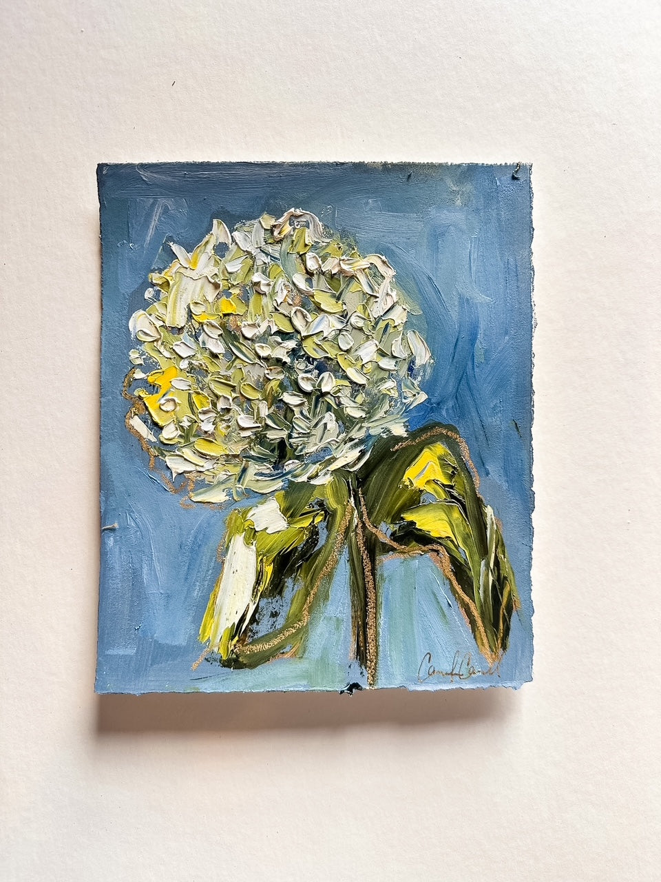 Limelight Hydrangea Bloom - Oil Painting on blue