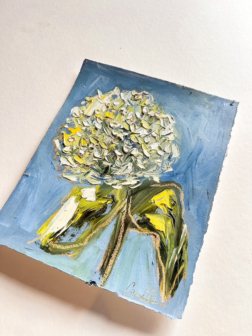 Limelight Hydrangea Bloom - Oil Painting on blue