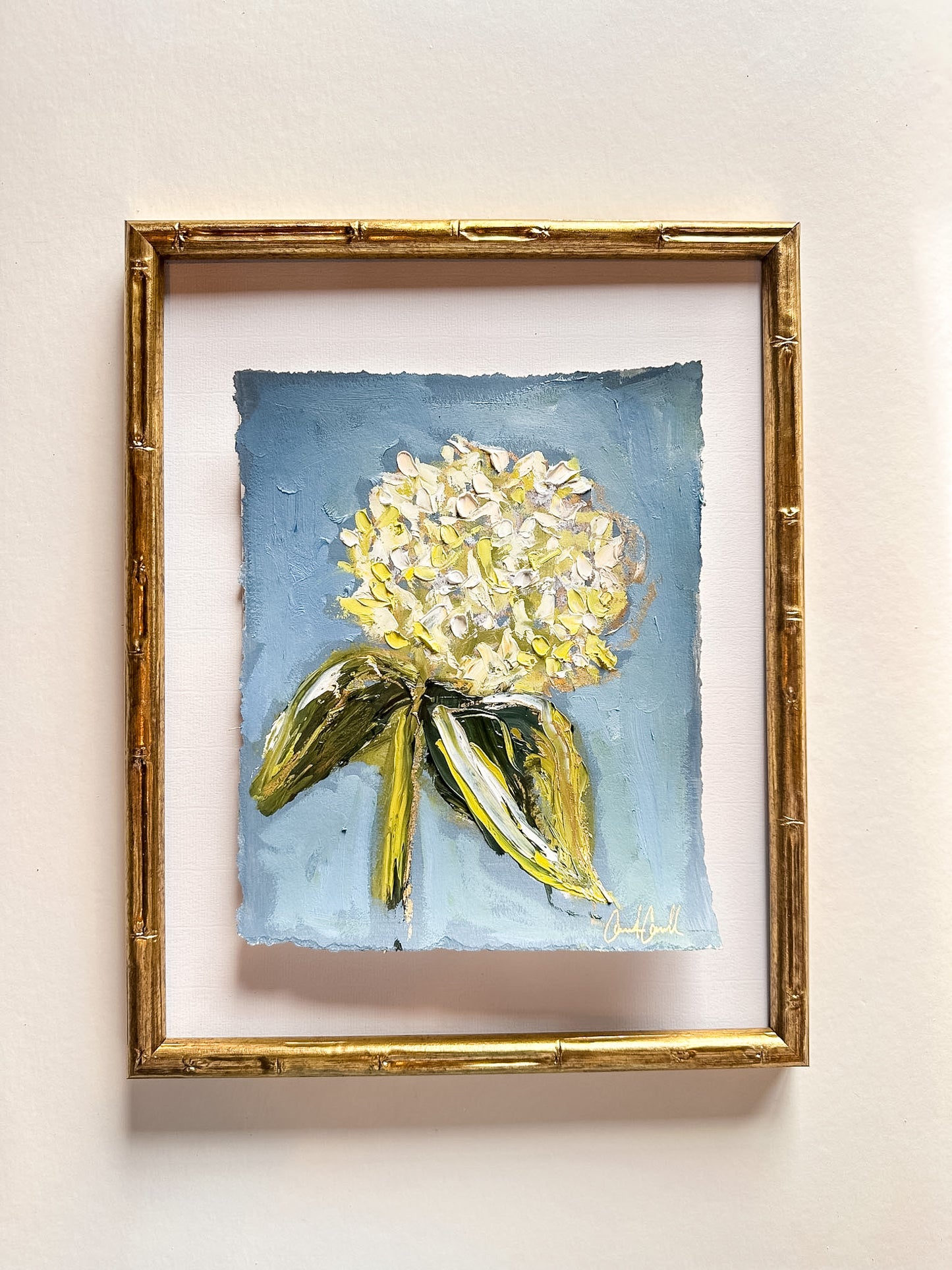Limelight Hydrangea Bloom II - Oil Painting on blue