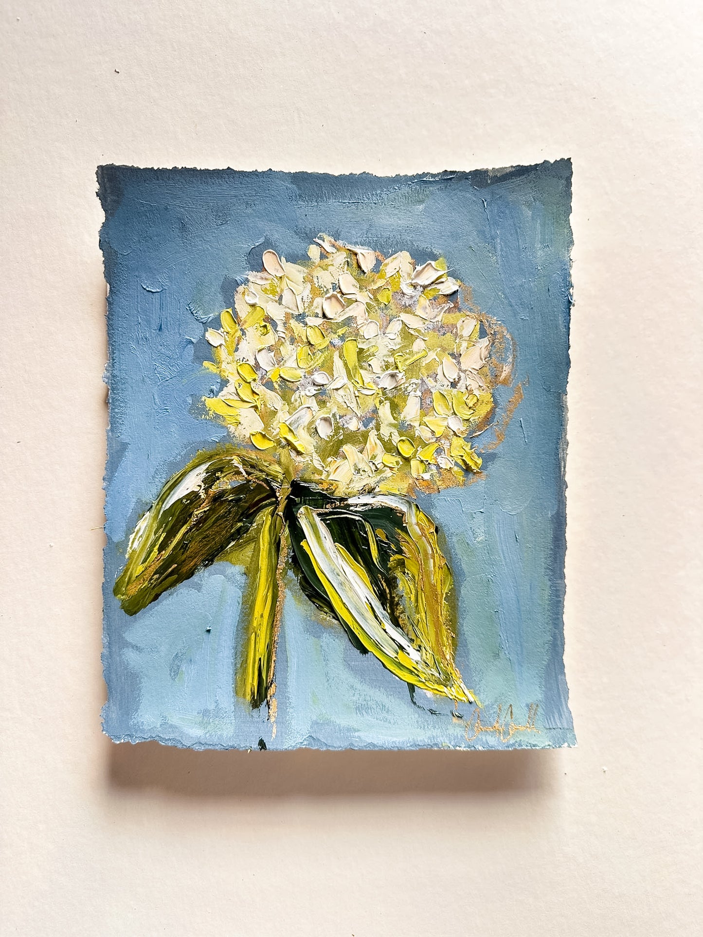 Limelight Hydrangea Bloom II - Oil Painting on blue