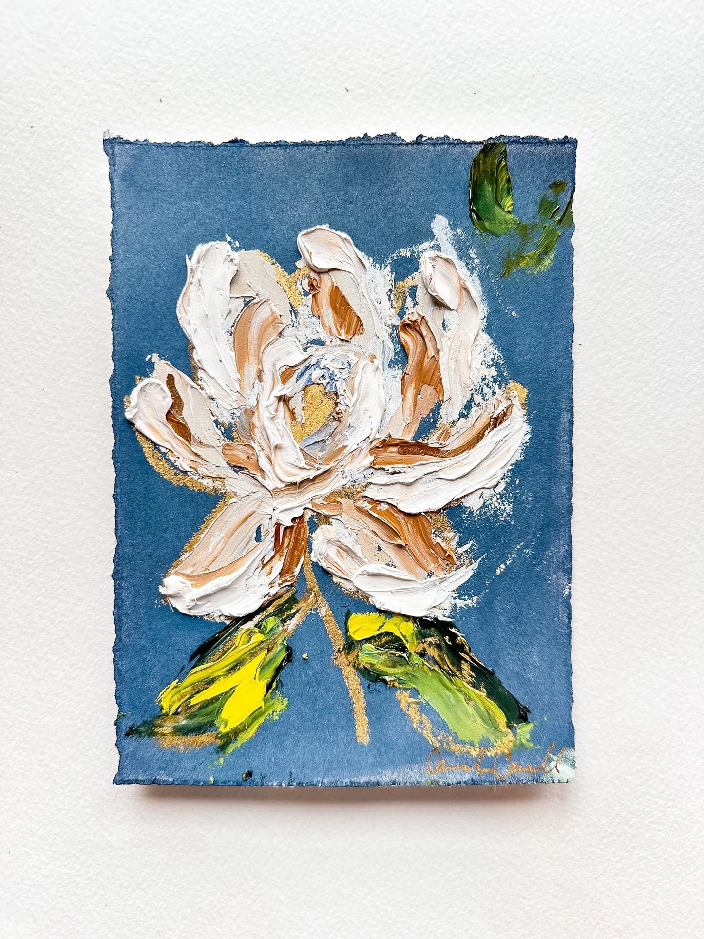 Petite Magnolia III - Oil Painting on navy paper