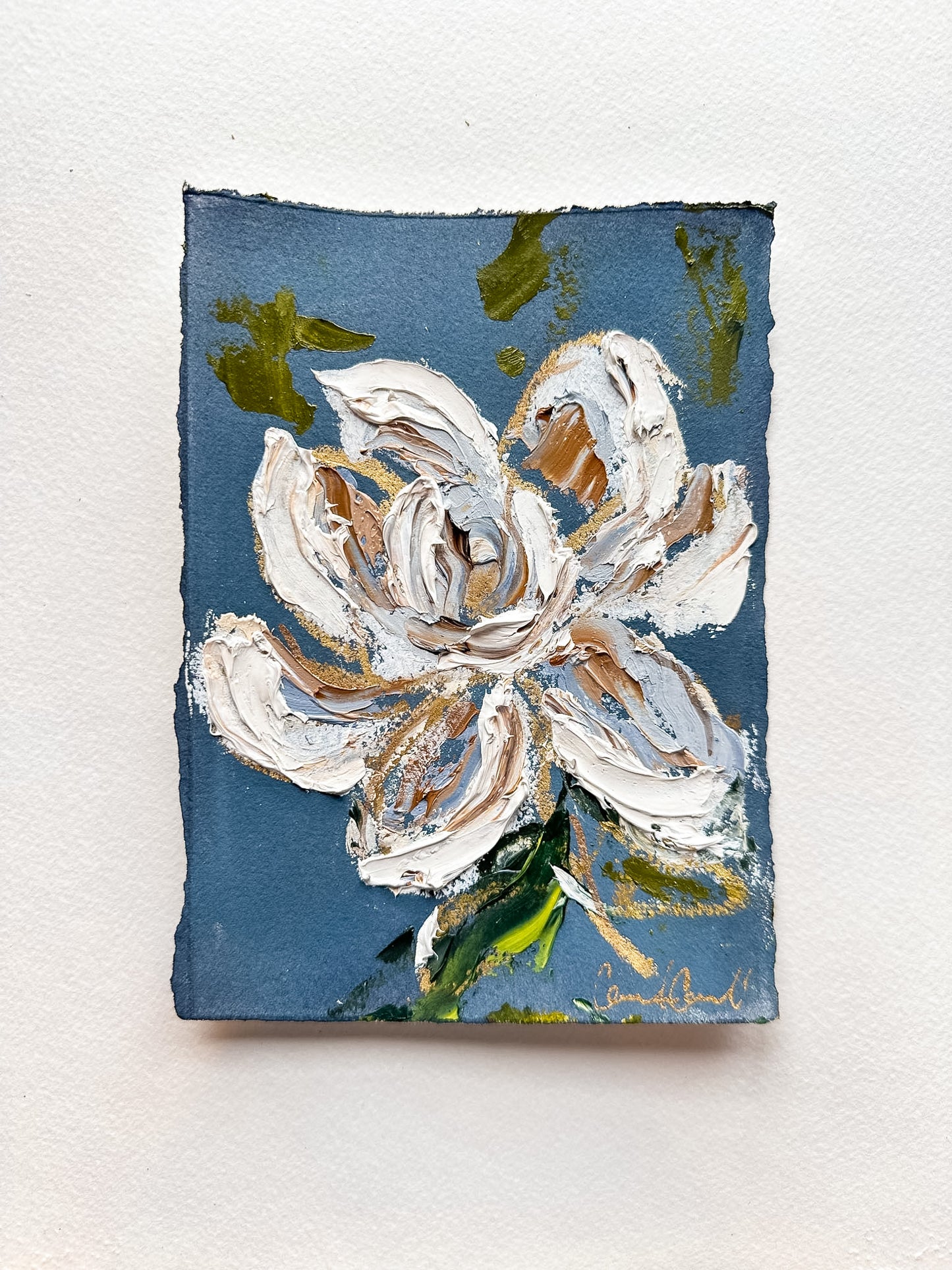 Petite Magnolia IV - Oil Painting on navy paper