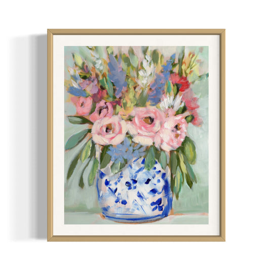 June peonies fine art print. Pink peonies, blue hydrangeas and red accents in ginger jar and mint green background. Framed in gold frame.