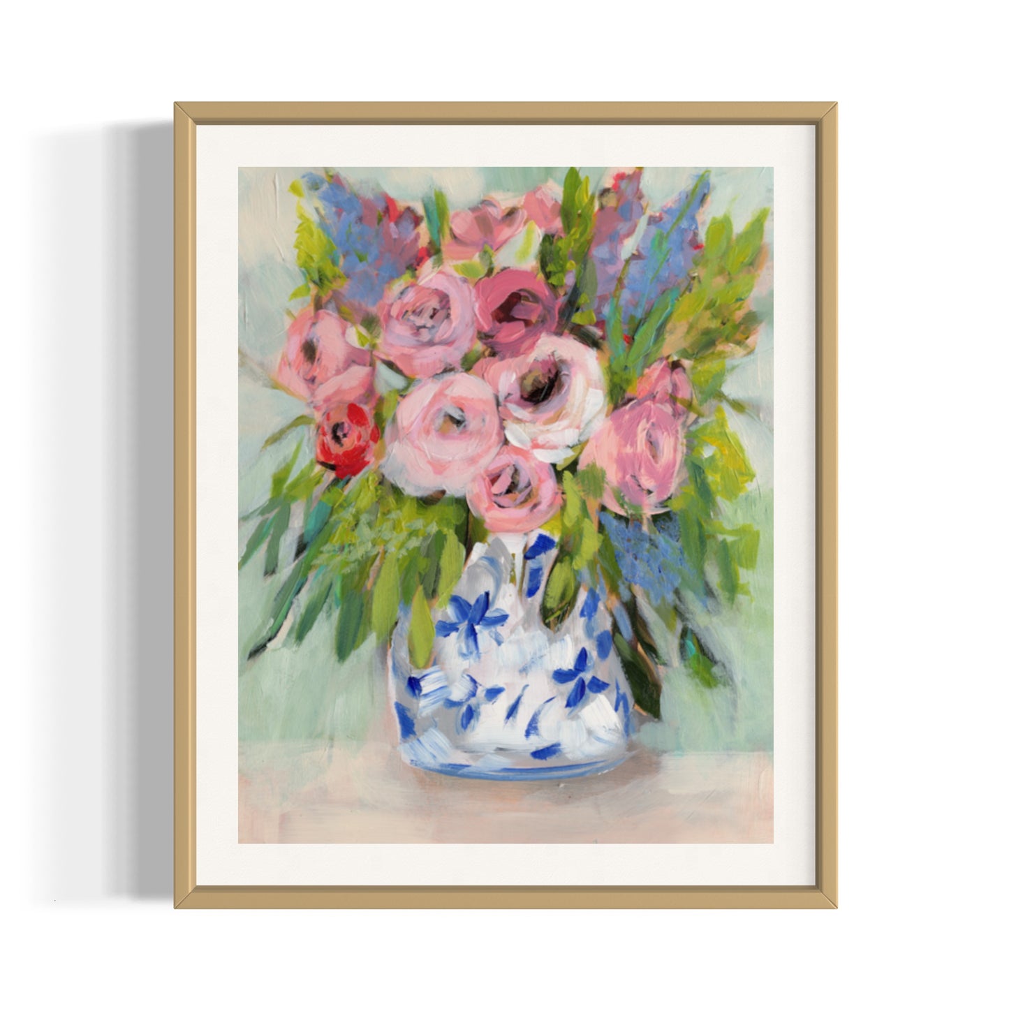 June roses fine art print. Pink peonies, blue hydrangeas and red accents in ginger jar and mint green background. Framed in gold frame.