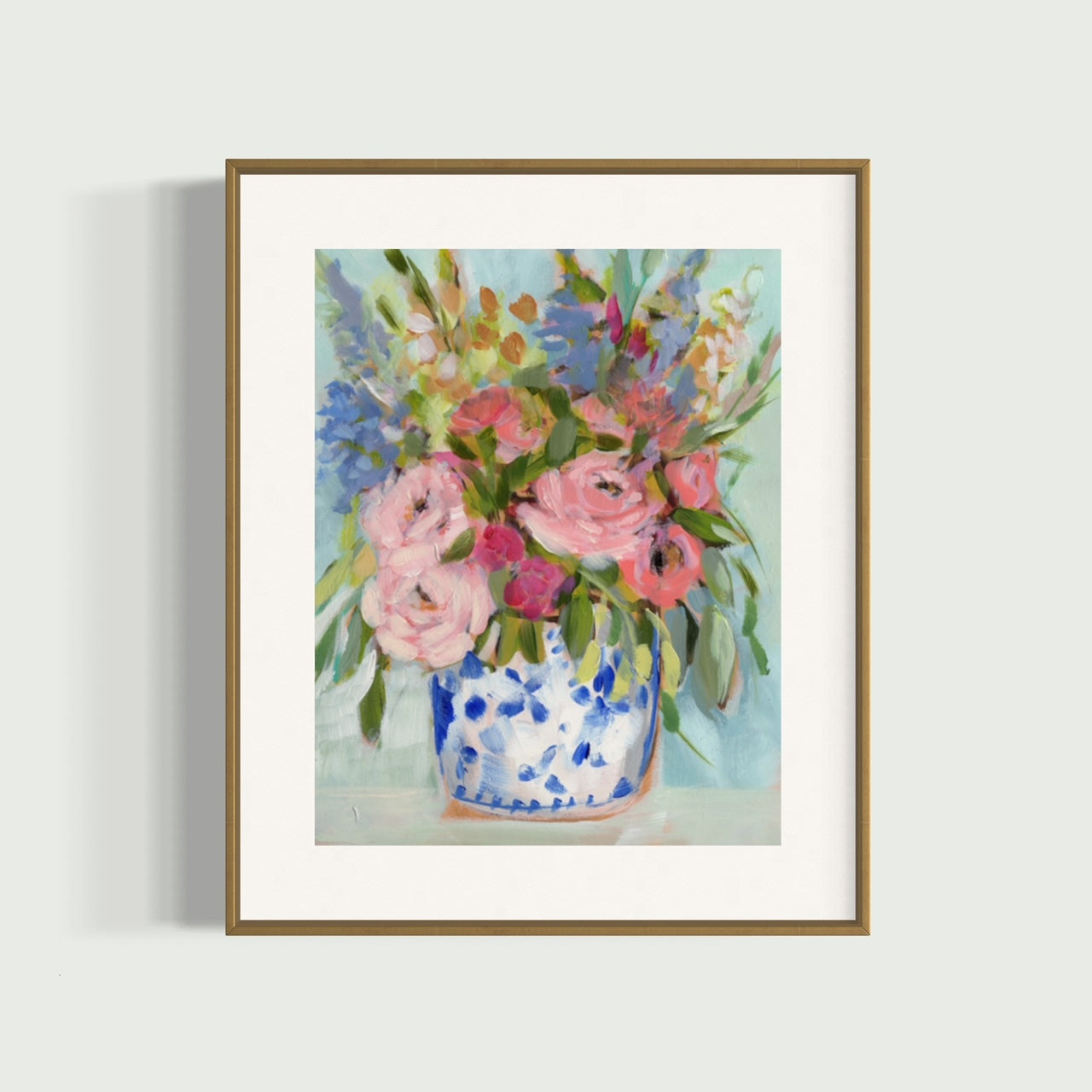 June roses fine art print. Pink peonies, blue hydrangeas and red accents in ginger jar and mint green background. Framed in wood frame.