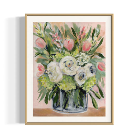 White peonies, green hydrangeas and pink tulips art print on pink background framed in gold frame.