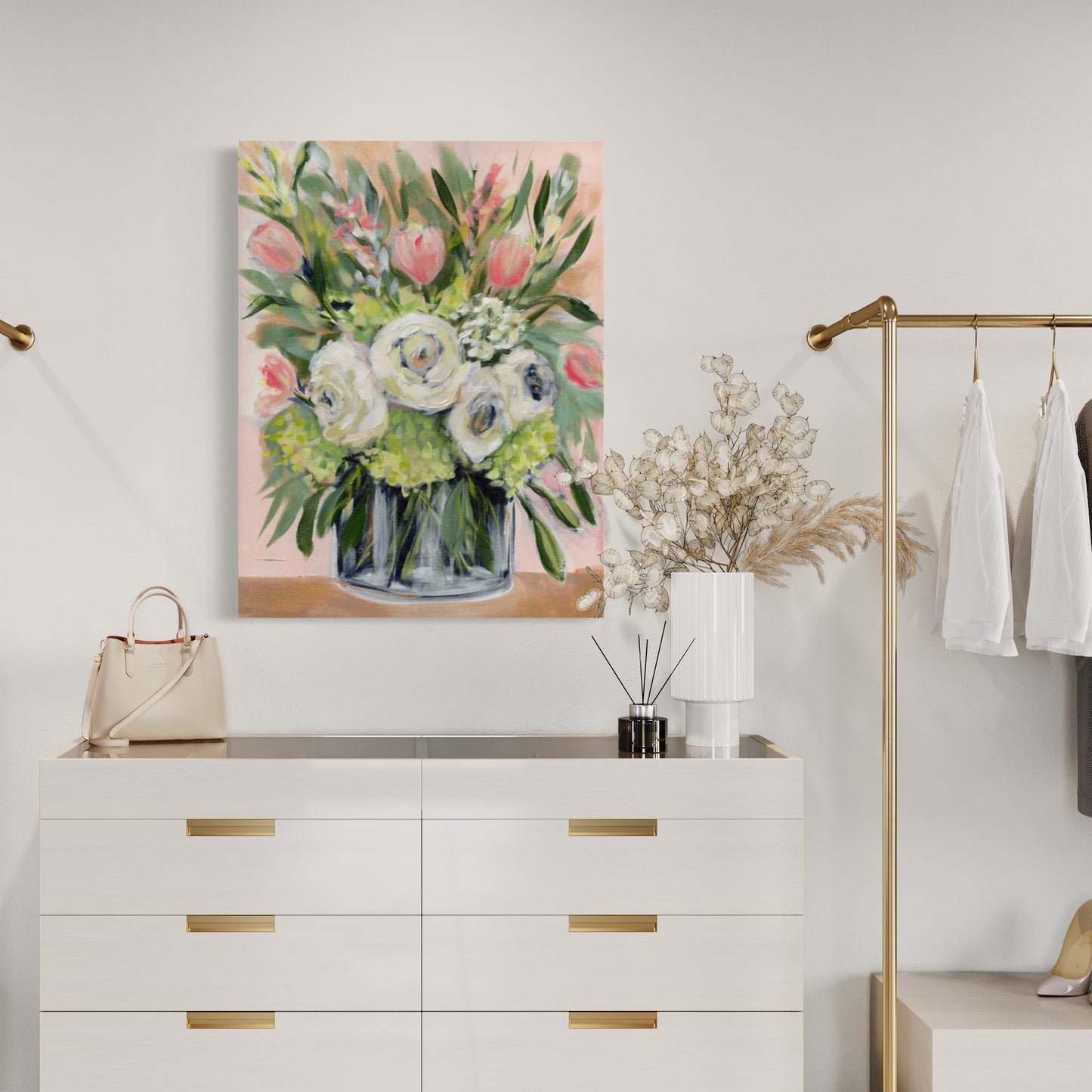 White peonies, green hydrangeas and pink tulips art print on pink background in feminine closet dressing room