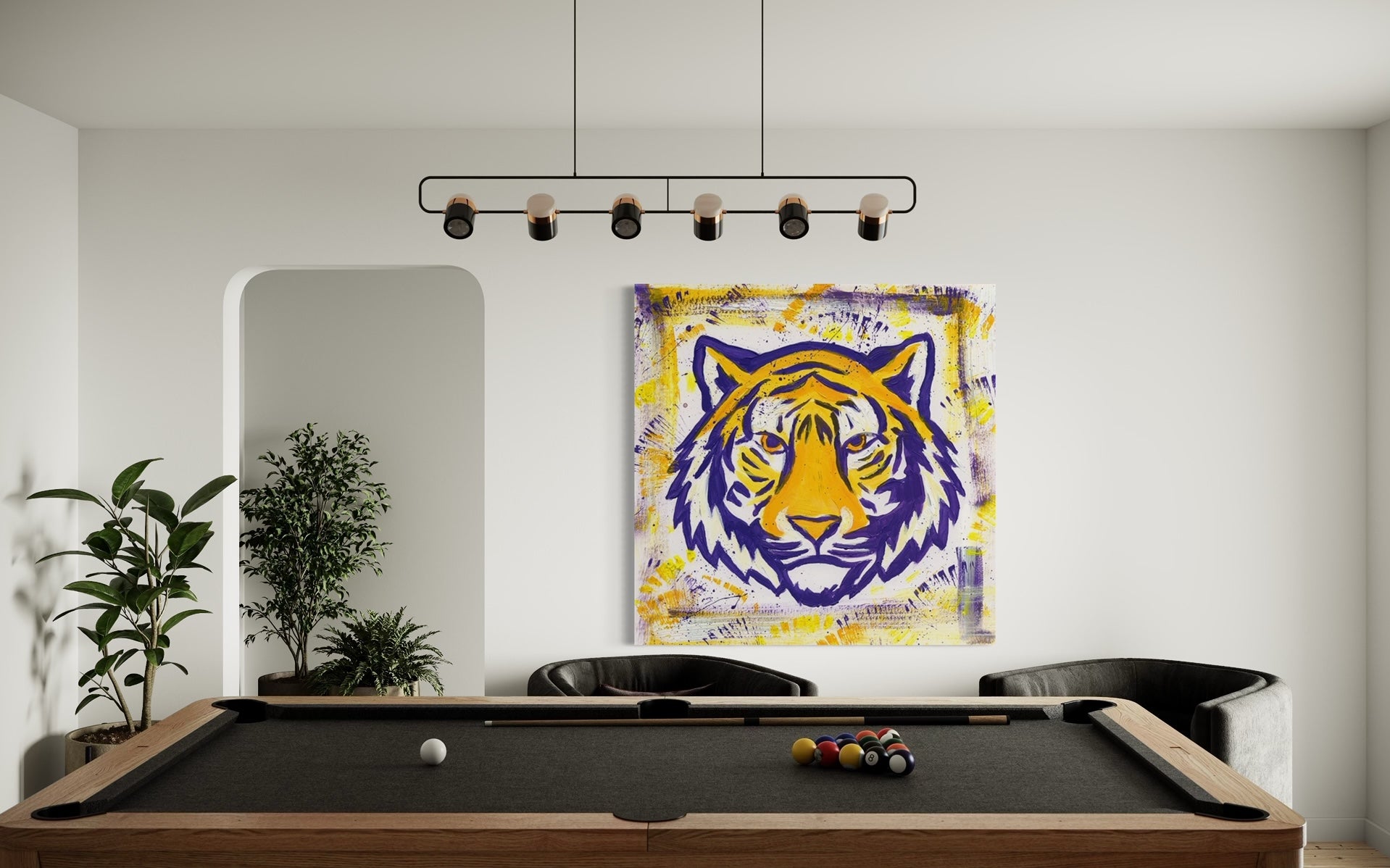 Louisiana State University Tiger Mascot Art Print on wall in white and black game room.