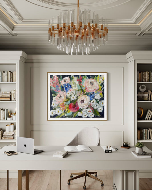 floral art print with pink peonies, red roses, white blue and green accents on dark blue background in formal office work space setting