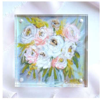 Pink and white peony art print on light background framed in acrylic art frame