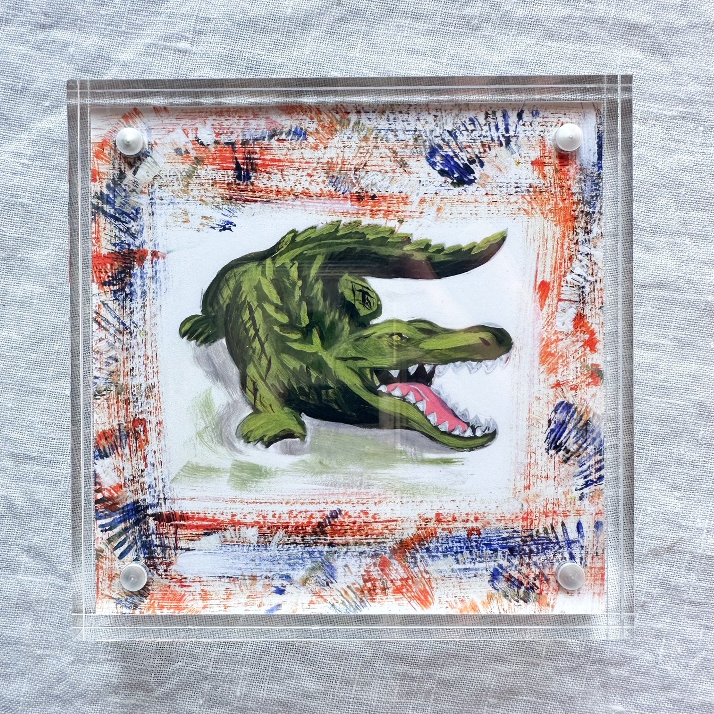 University of Florida gator mascot art print with orange and blue details framed in acrylic art frame