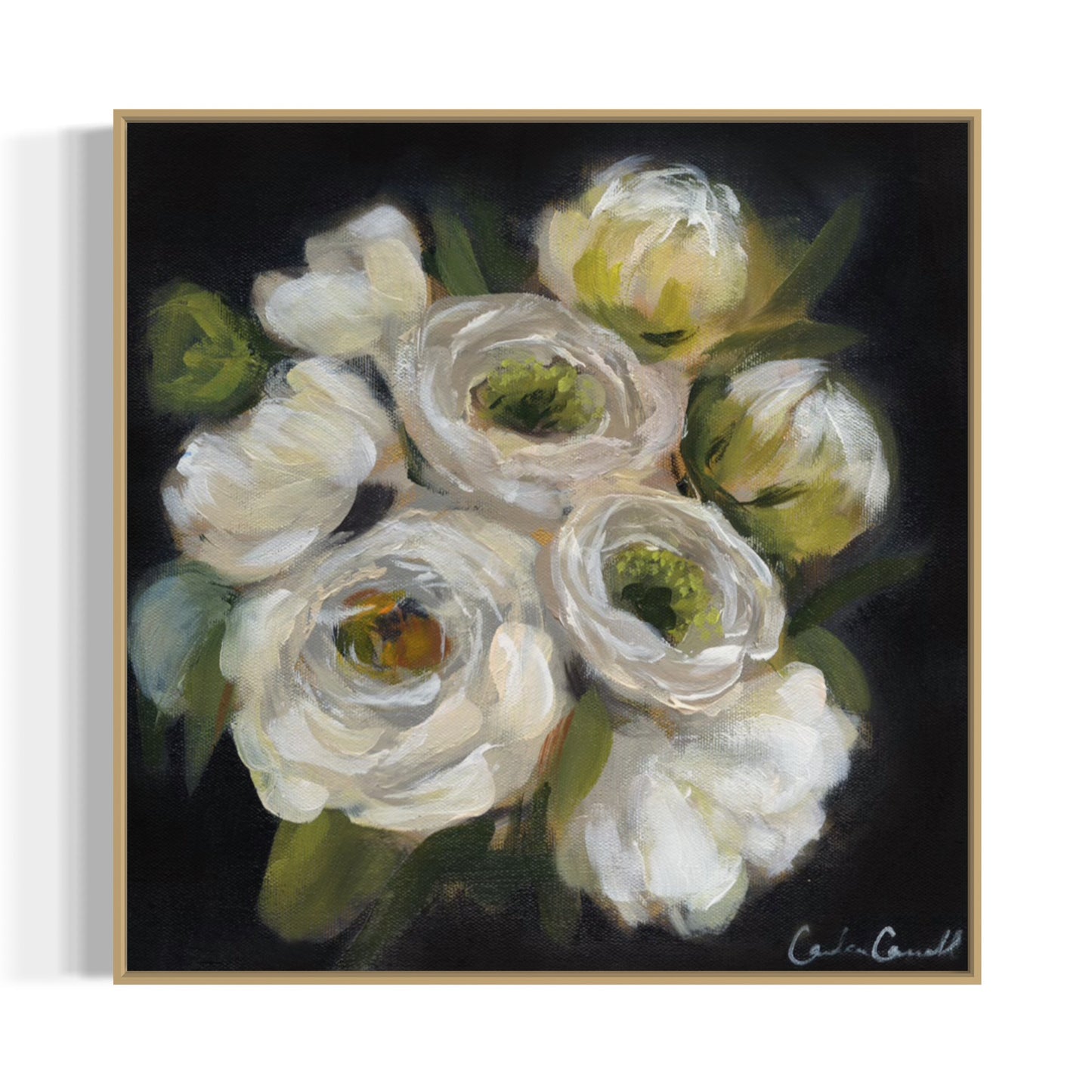 floral art print of White Peonies on black background framed in gold frame