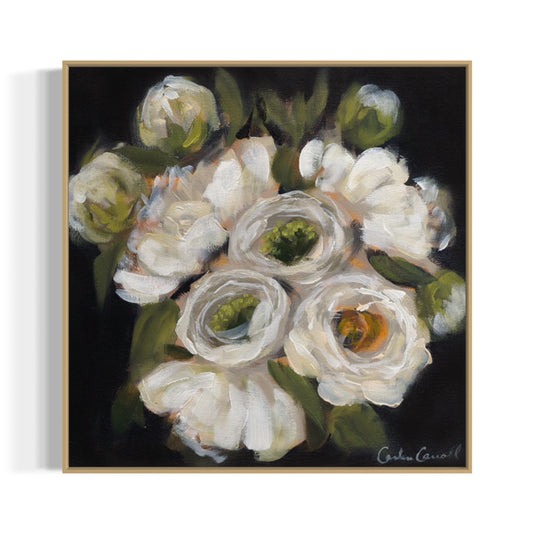 White Peonies on dark background framed in gold frame on white wall