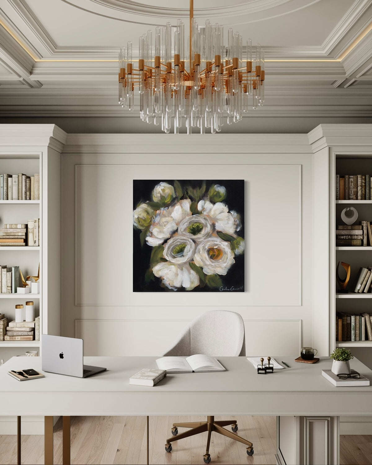 White Peonies on dark background in bright, elevated office space