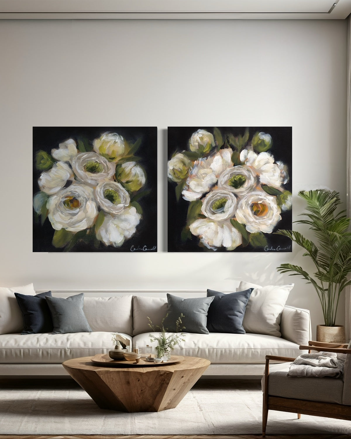 White Peonies art prints. White peonies on dark background in living room