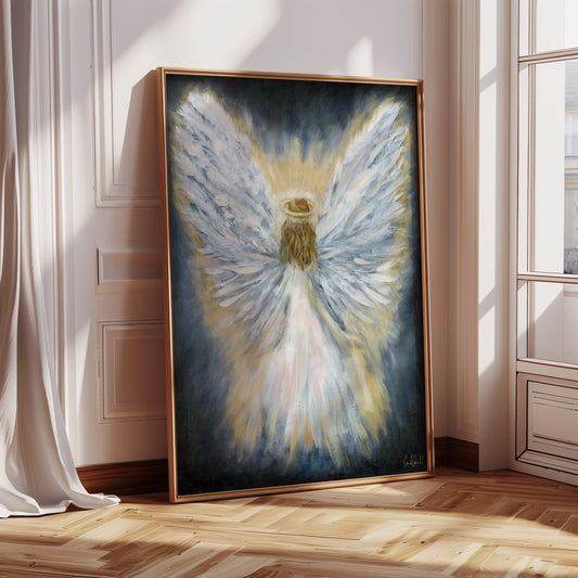Framed painting of an angel with colorful wings in a room with wooden floor and white walls.