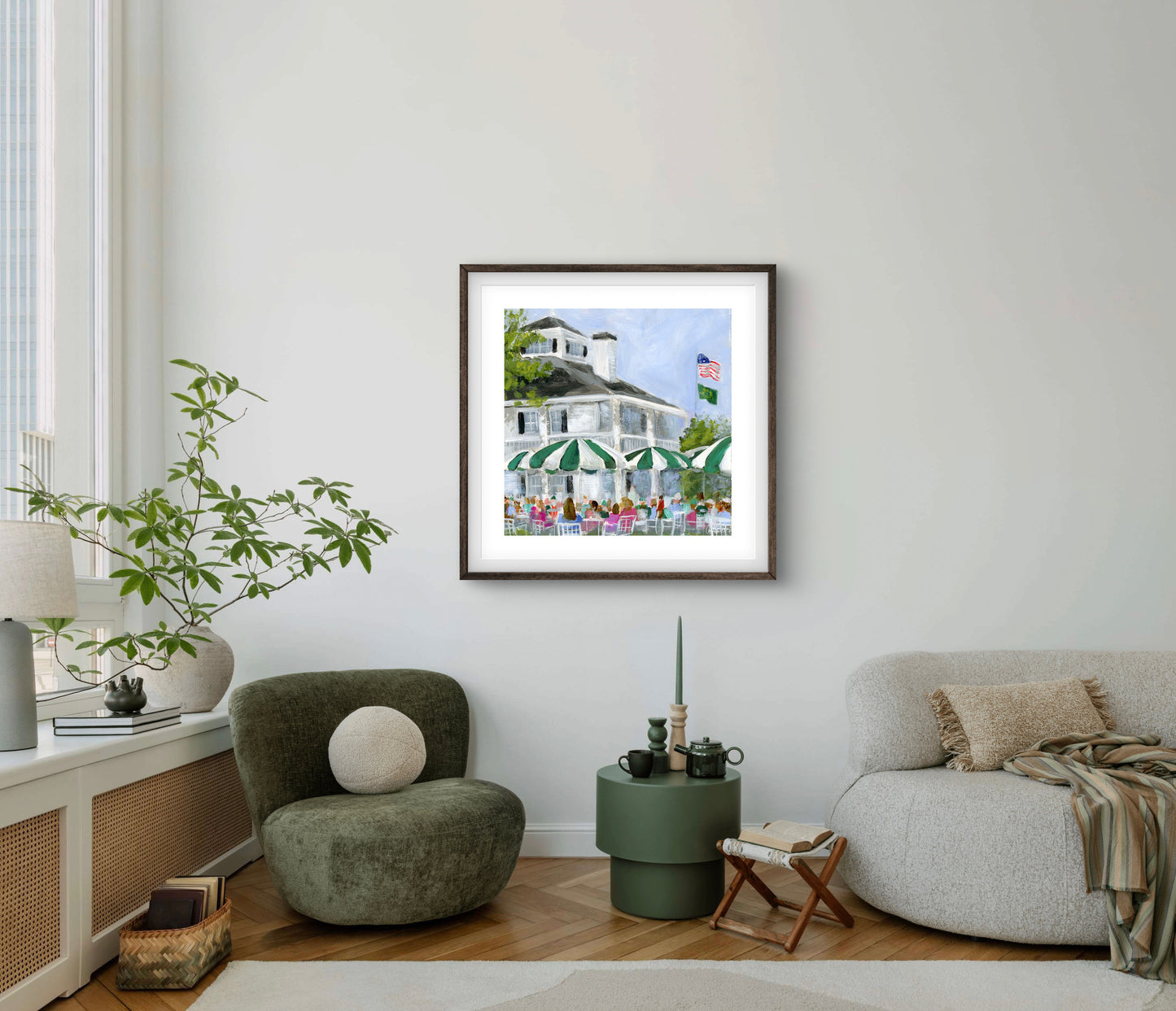 augusta nationals clubhouse golf art print with brown frame and green decor accents