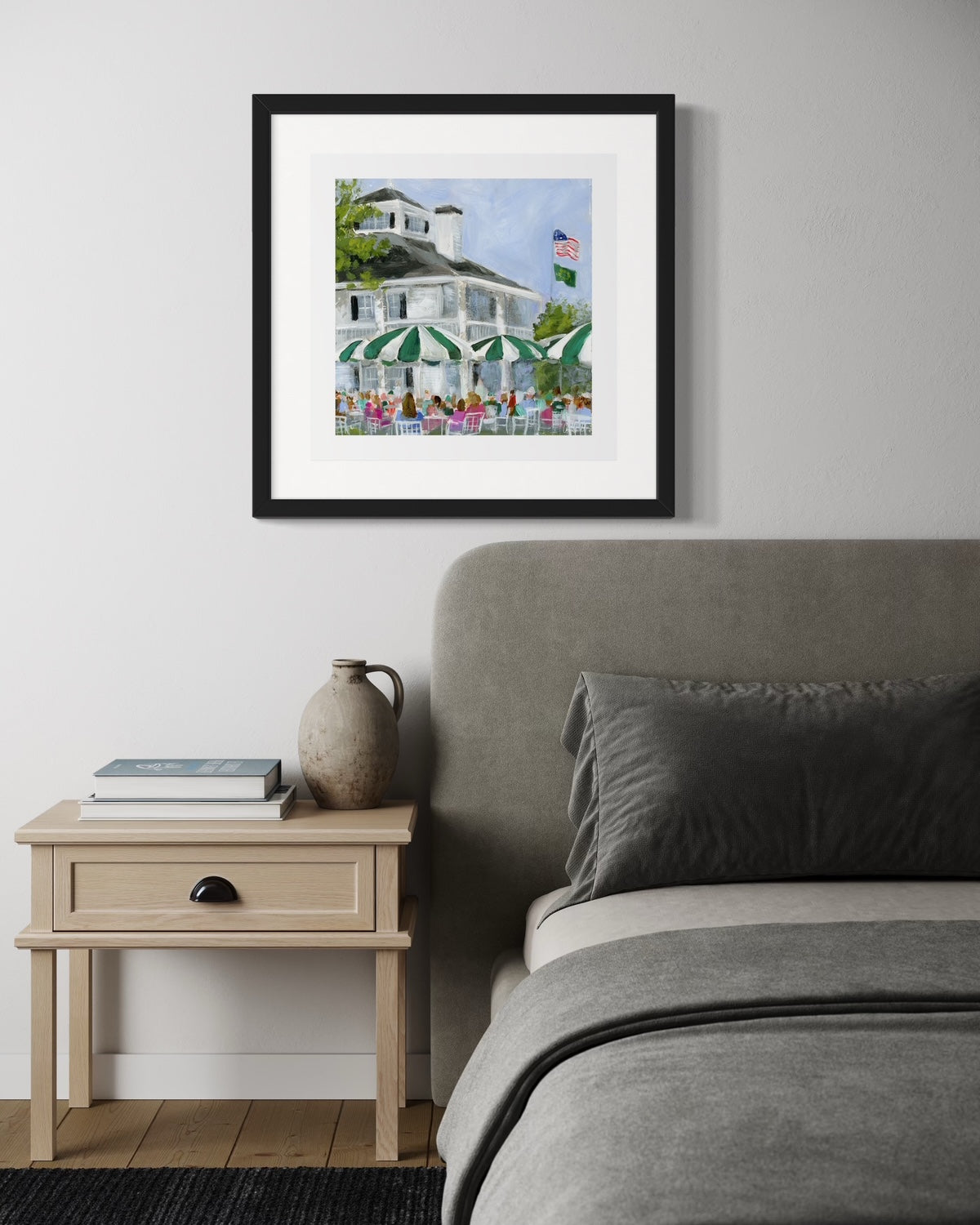augusta nationals clubhouse golf art print with black frame in modern gray bedroom