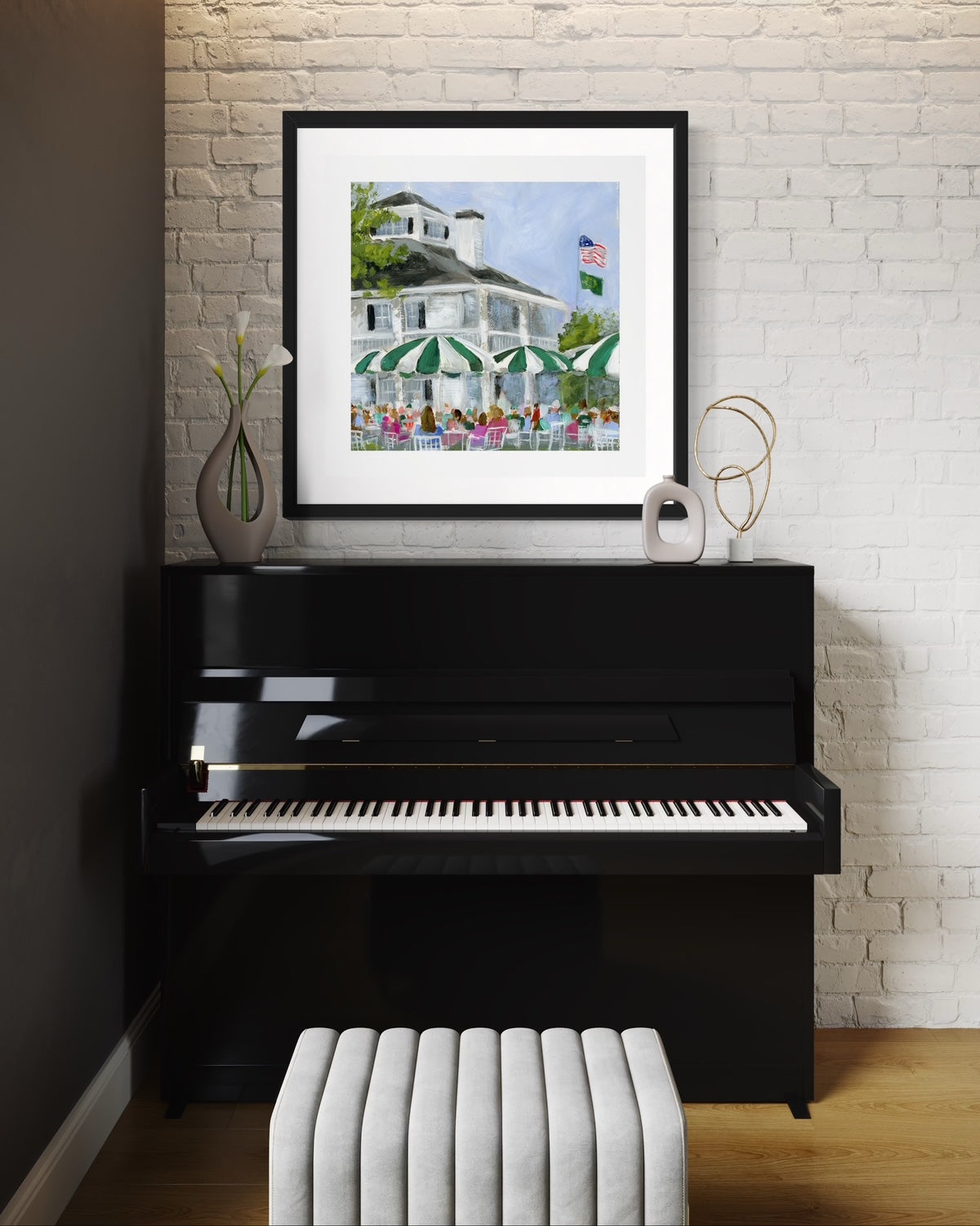 augusta nationals clubhouse golf art print with black frame over modern black piano on painted brick wall