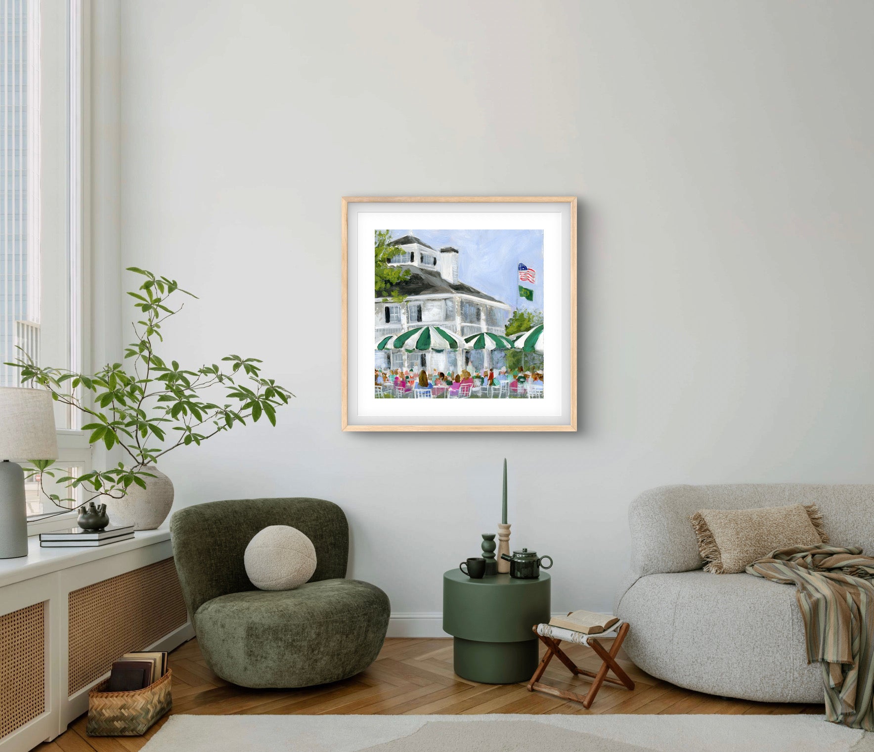 augusta nationals clubhouse golf art print with light wood frame