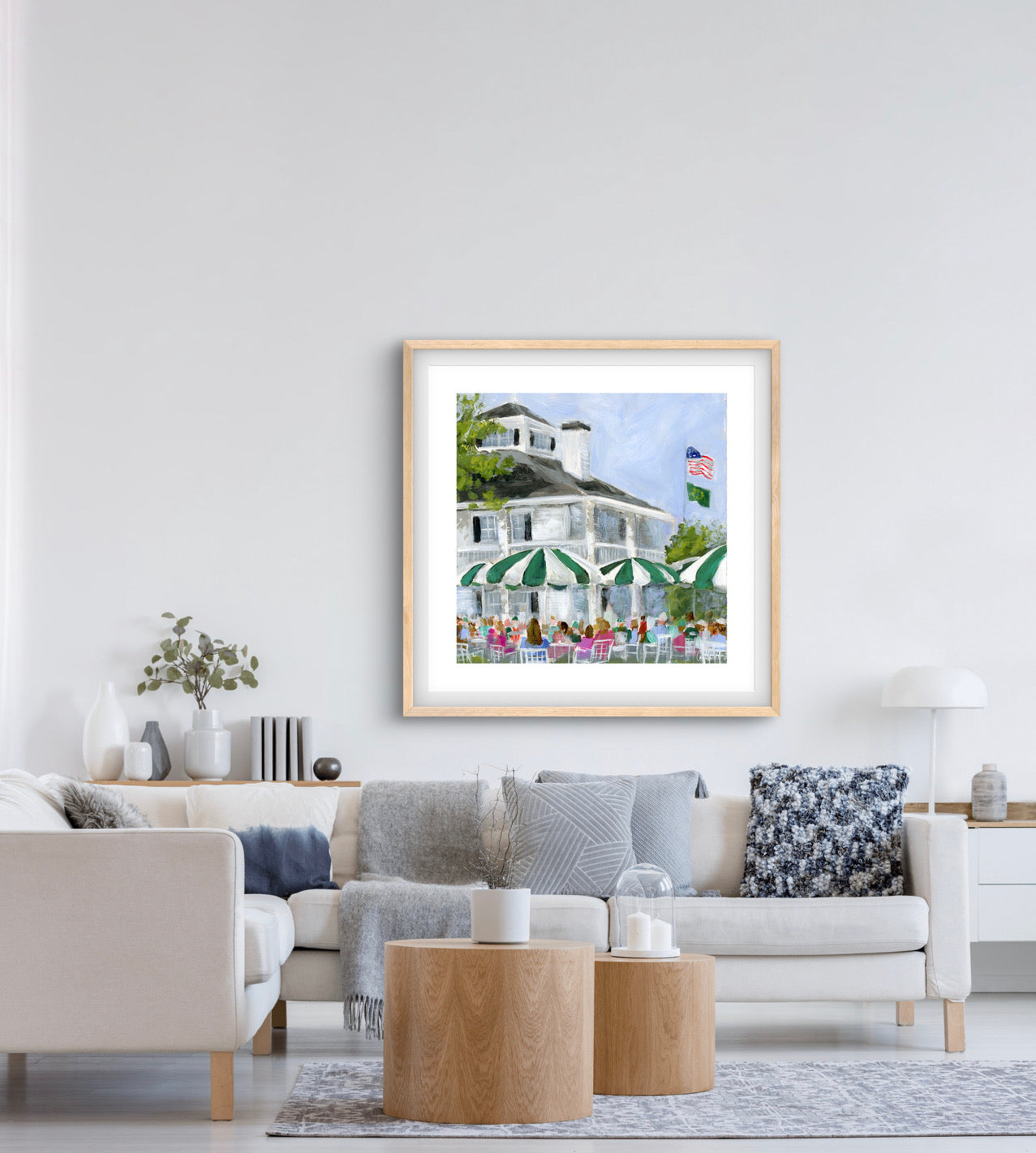 augusta nationals clubhouse golf art print with blue accents and neutral decor on minimalist white wall
