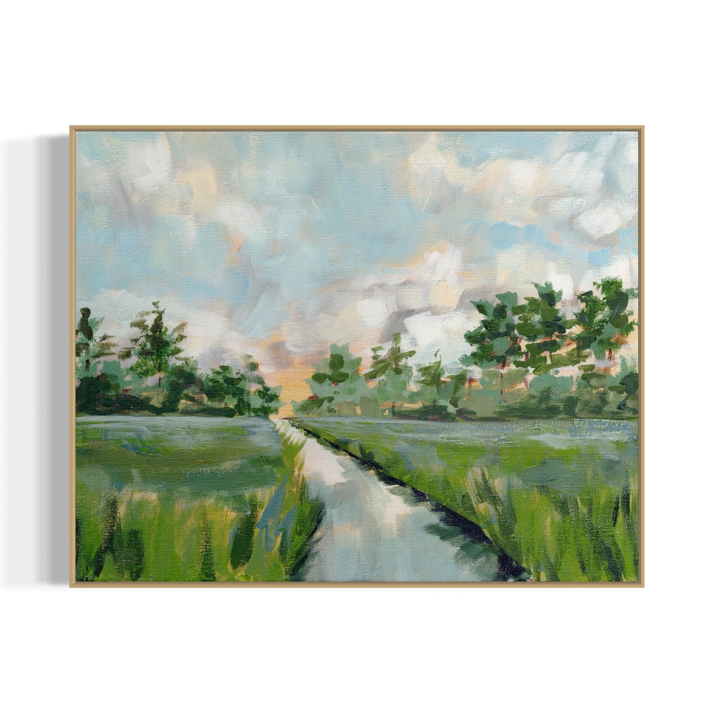 abstract landscape canvas print of salt marsh with blue and green brush strokes framed in gold