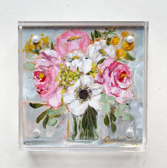 floral art print with pink peonies and anemones pink, white, and yellow flowers on gray background