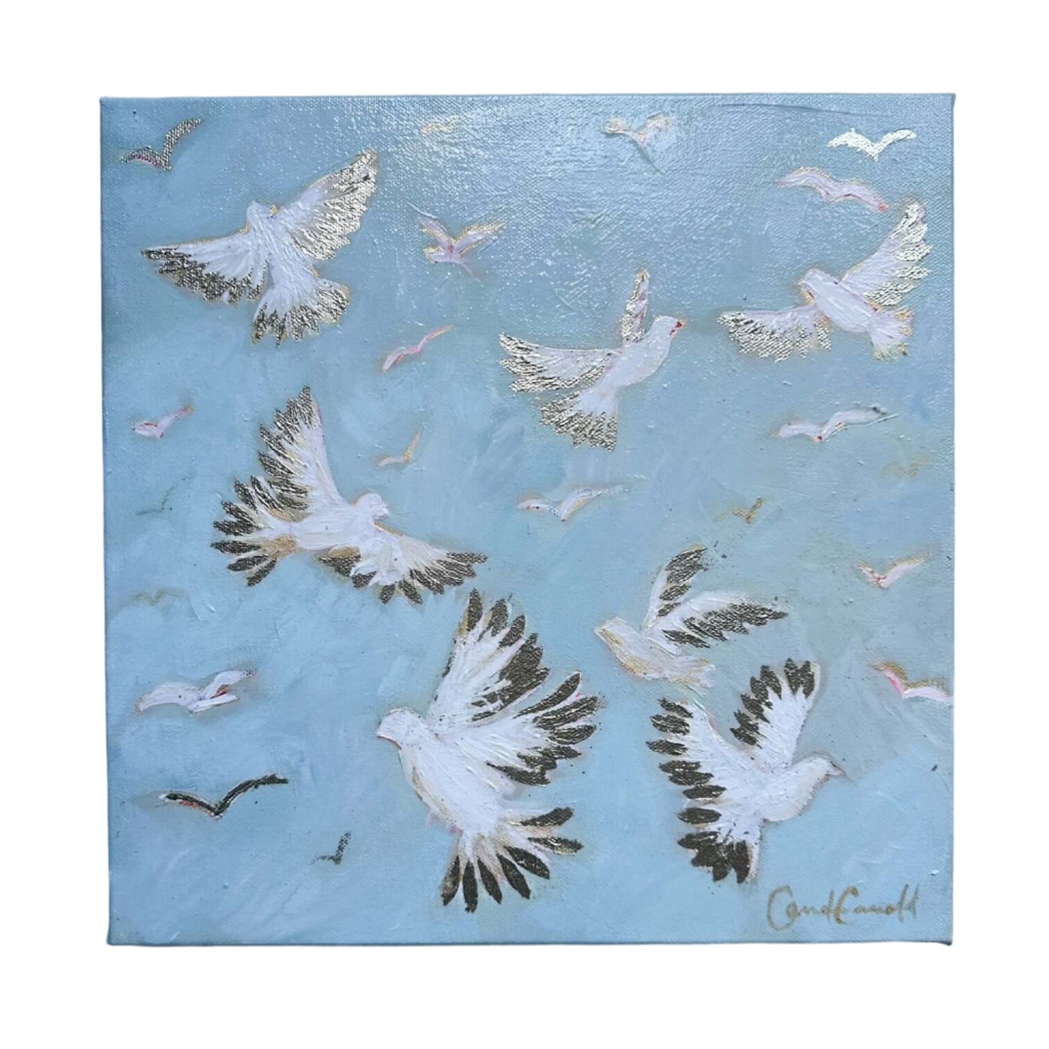 Painting of white doves with gold accents on a blue background