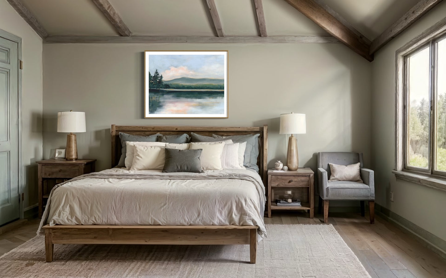 Fine art print of serene lake surrounded by evergreen trees during the golden hour of sunset hung in rustic bedroom