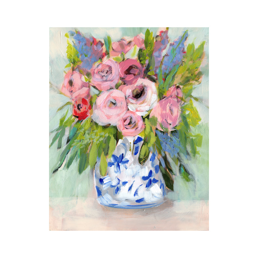 June roses fine art print. Pink peonies, blue hydrangeas and red accents in ginger jar and mint green background. 