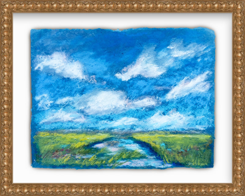 Framed painting of a blue sky with clouds and green landscape.