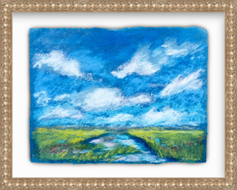 Framed painting of a blue sky with white clouds and green landscape below.