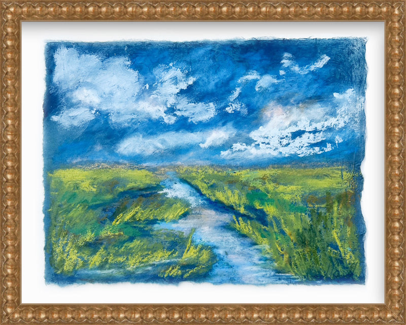 dark blue marsh painting with green grass in gold frame