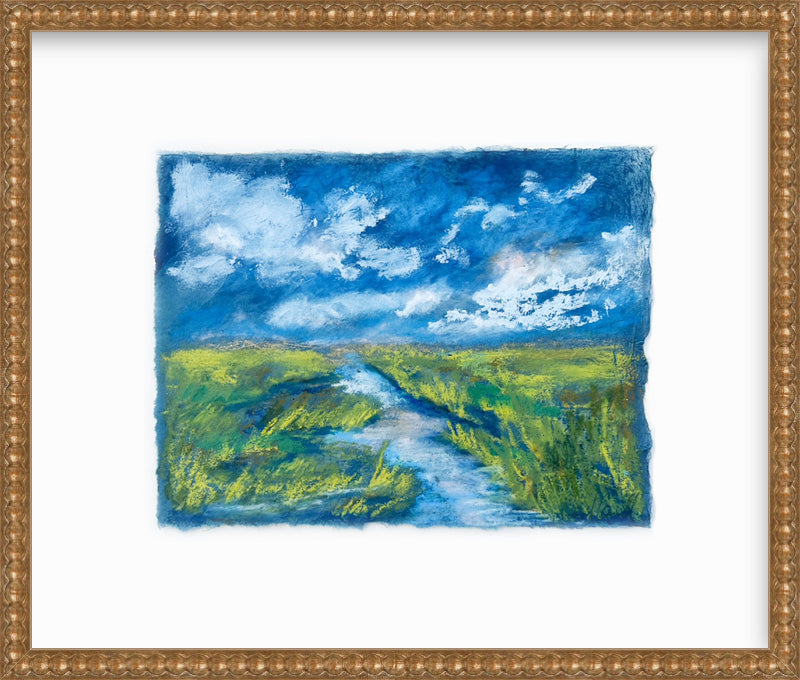 blue marsh painting framed in silver frame