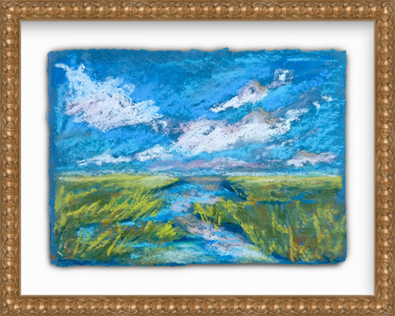 Painting of a landscape with blue sky and green fields, framed in gold.