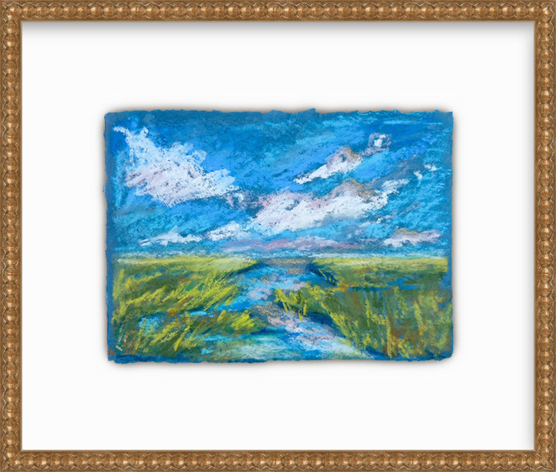Framed painting of a landscape with blue sky and green fields.