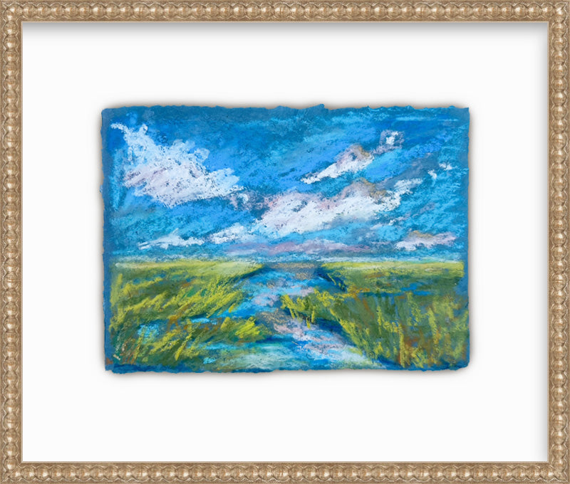 Framed painting of a landscape with blue sky and green fields.