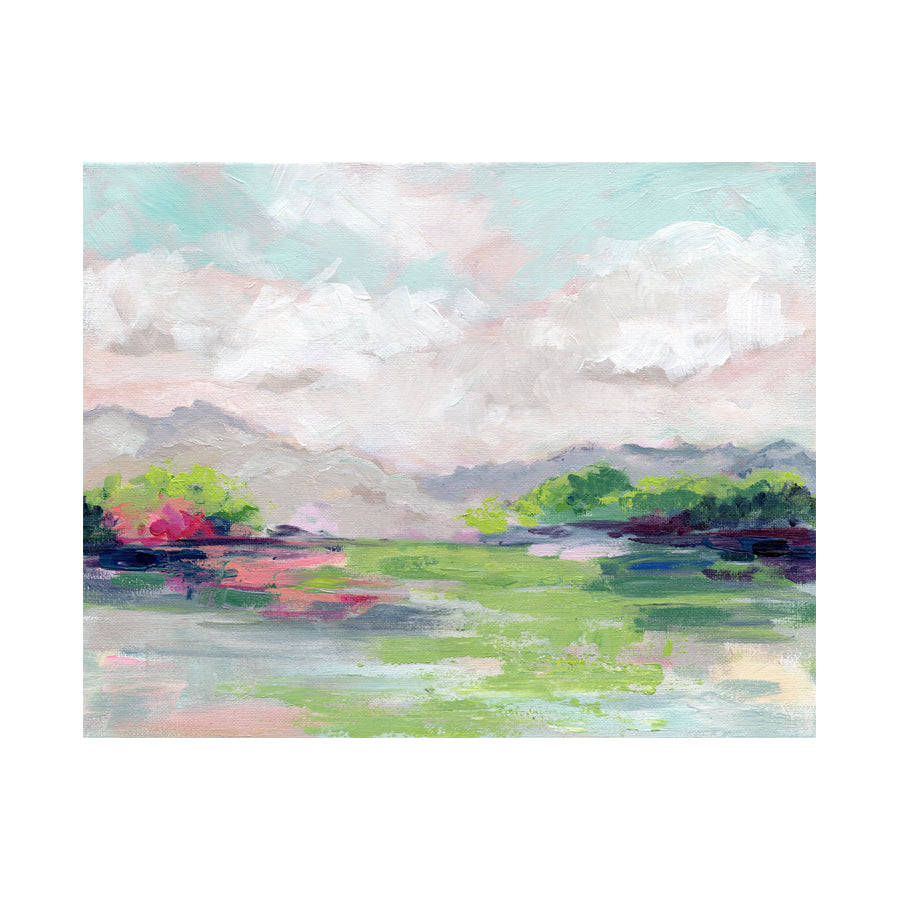 abstract landscape is a vibrant and dynamic composition, featuring a harmonious blend of greens, purples, pinks, and blues