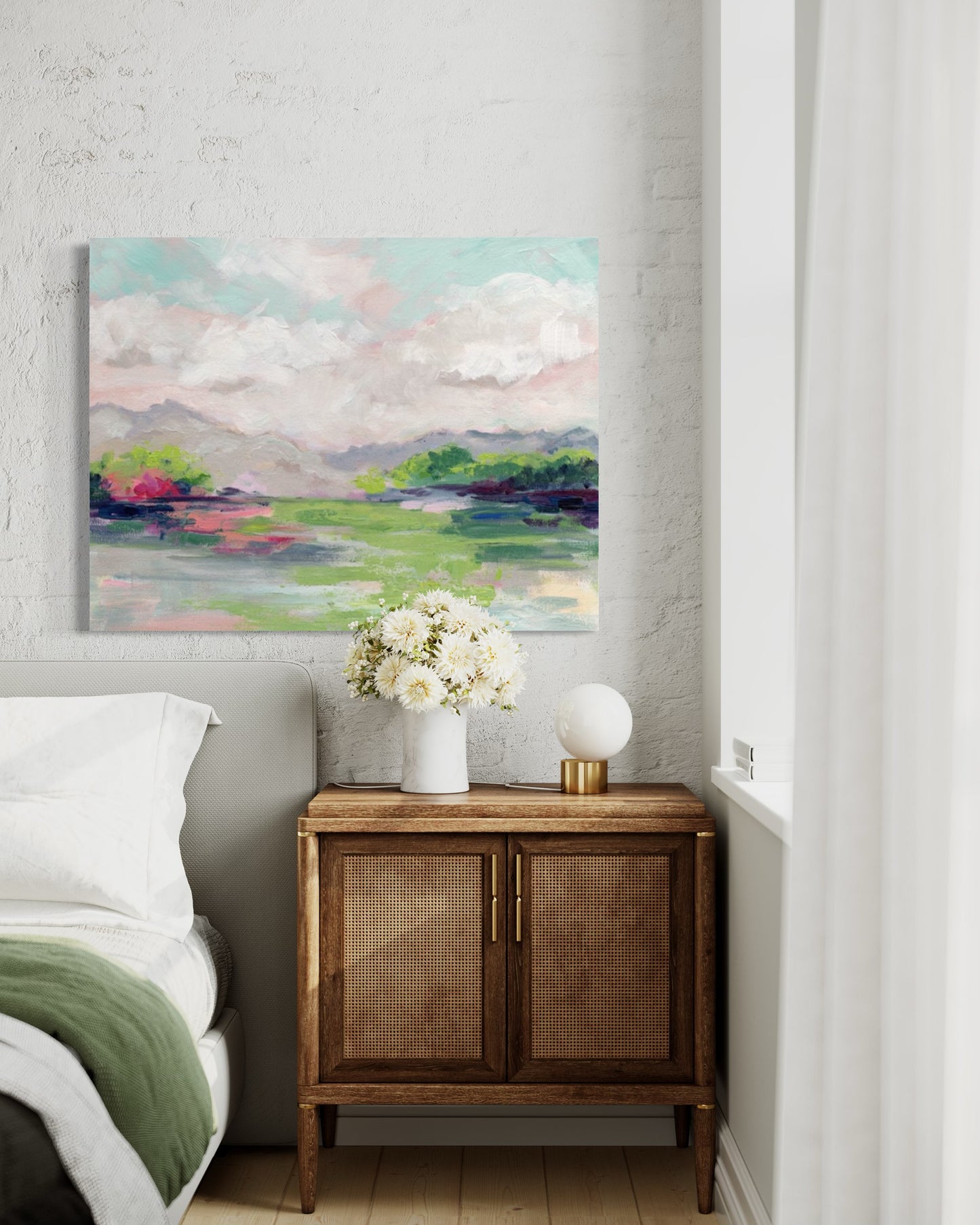 abstract landscape is a vibrant and dynamic composition, featuring a harmonious blend of greens, purples, pinks, and blues in bedroom